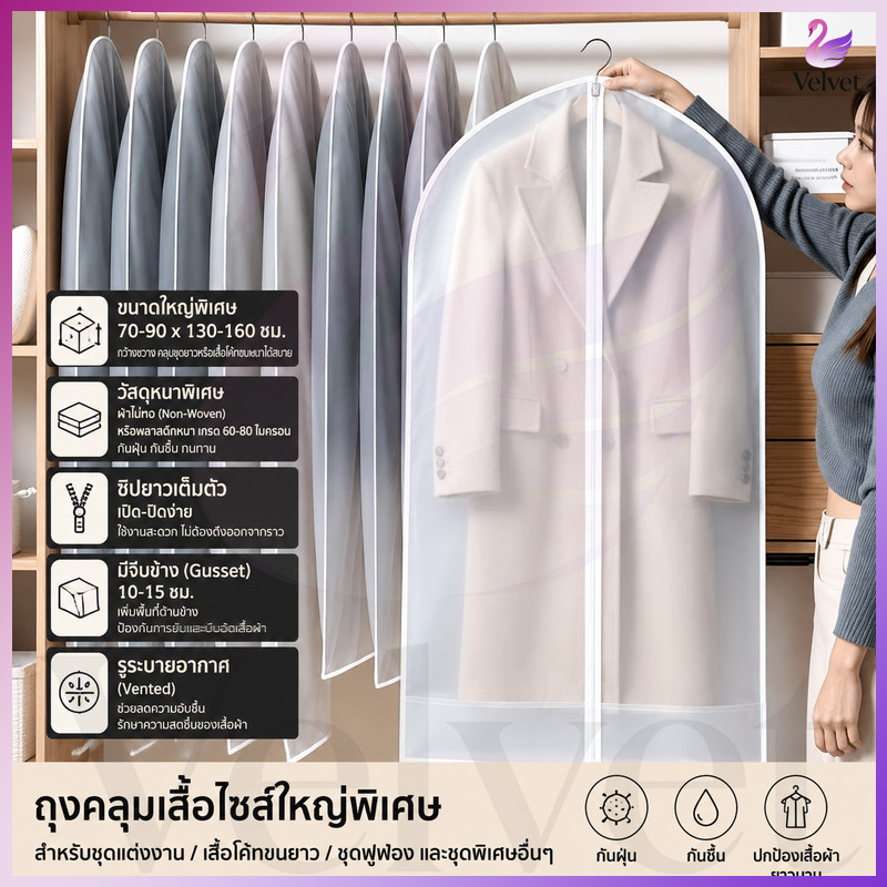 ถุงคลุมเสื้อผ้า ถุงคลุมเสื้อ หลายขนาด แบบซิป ถุงใส่สูท ถุงใส่เสื้อผ้า ป้องกันฝุ่นเกาะเสื้อผ้าที่เก็บไว้