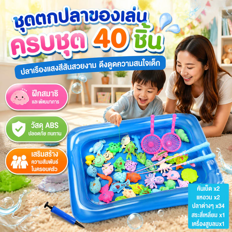 ของเล่นตกปลาแม่เหล็ก 40ชิ้น เกมตกปลา จำลองการตกปลาหลากหลายแบบให้เด็กได้สนุกสนาน