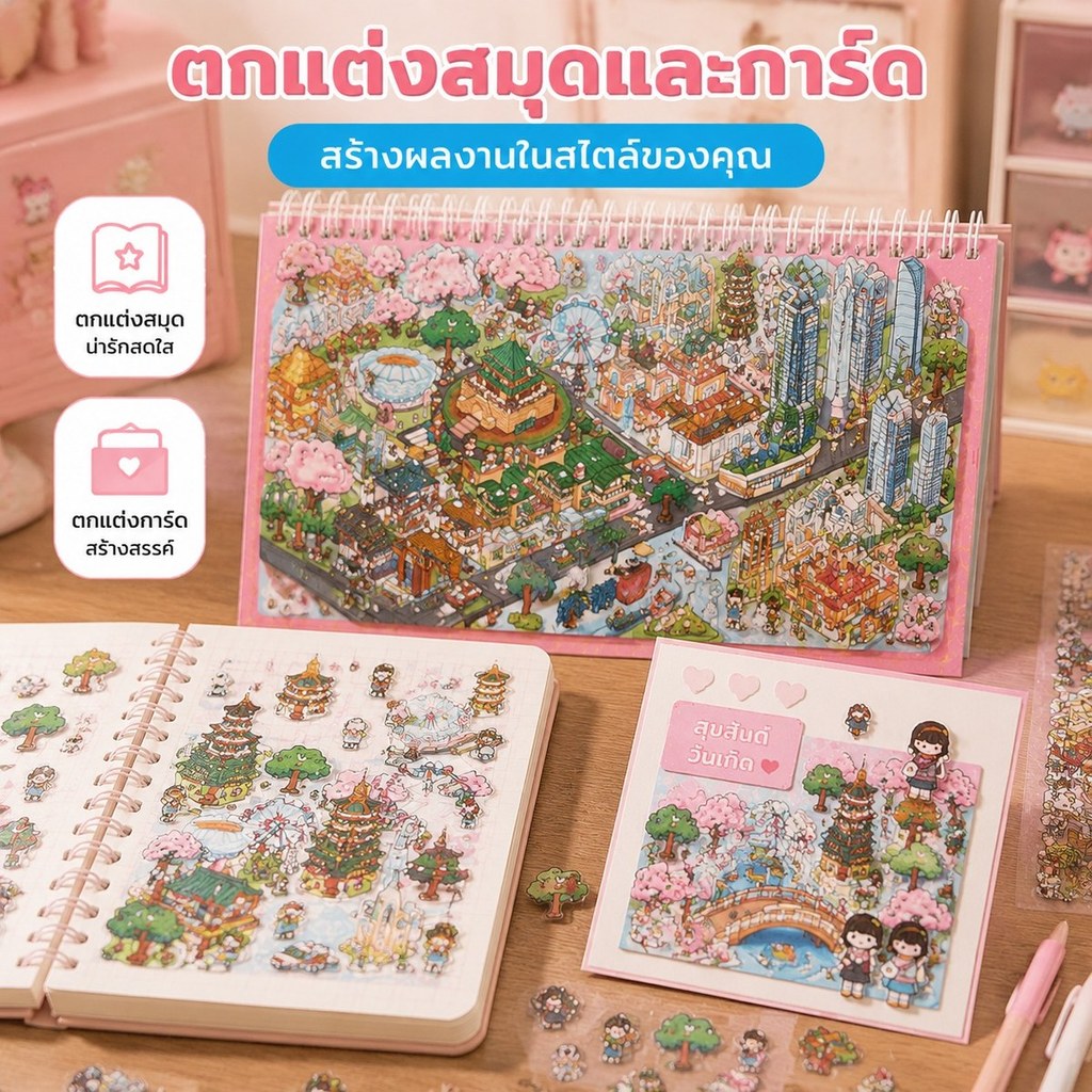 Neko Diary สมุดสติกเกอร์สร้างเมือง 3D โทนฟ้า ลายสถานที่ในเมือง สำหรับงานคอลลาจ DIY