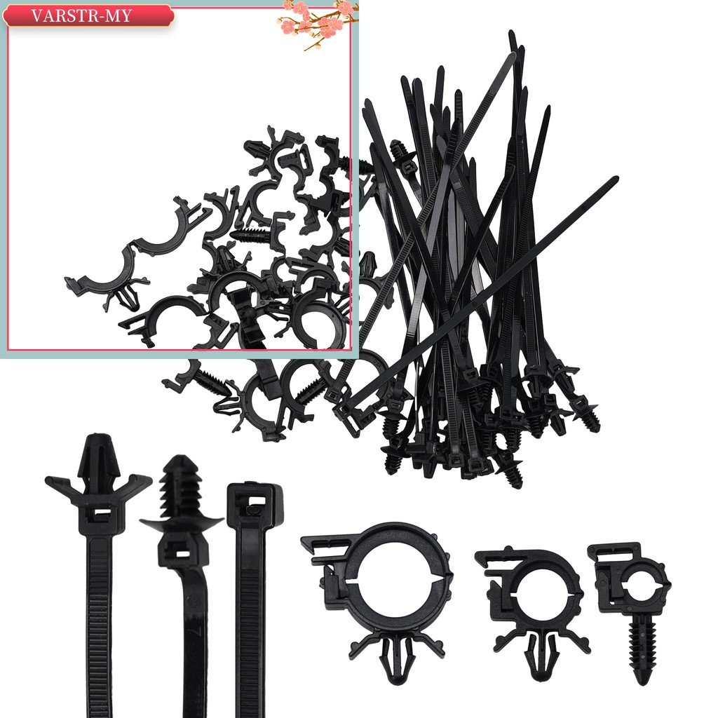 <VARSTR>45 ชิ้น Push Mount Cable Zip Tie พร้อมคลิปหนีบลวดรถยนต์, Universa