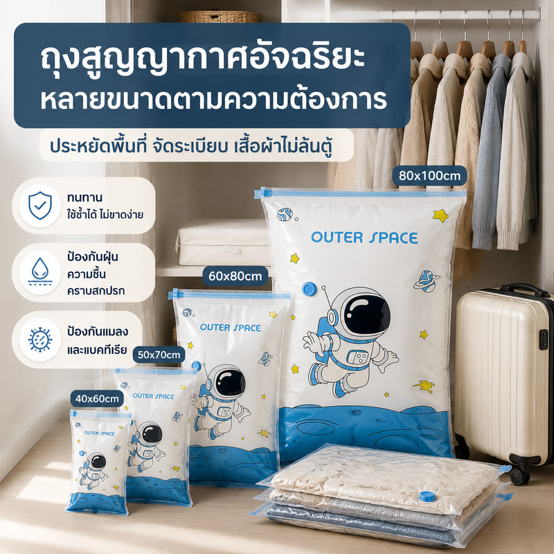 ถุงเก็บผ้าสูญญากาศ แบบใส จัดเก็บผ้านวม จัดเก็บของ