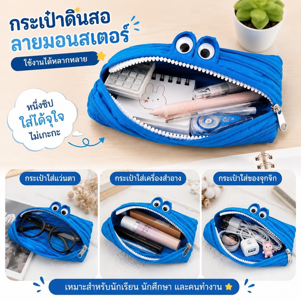 กระเป๋าเครื่องเขียนพับเก็บได้ ลายมอนสเตอร์สุดคิ้วท์ ความจุใหญ่ ใส่ของเรียนได้ครบ