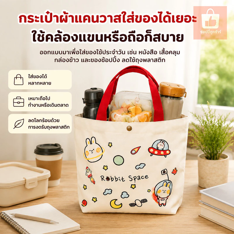 พร้อมส่ง กระเป๋าผ้า ถุงผ้า เอนกประสงค์ ขนาดใหญ่ จุของได้เยอะ รับน้ำหนักได้ดี ดีไซน์น่ารัก ลายหมี