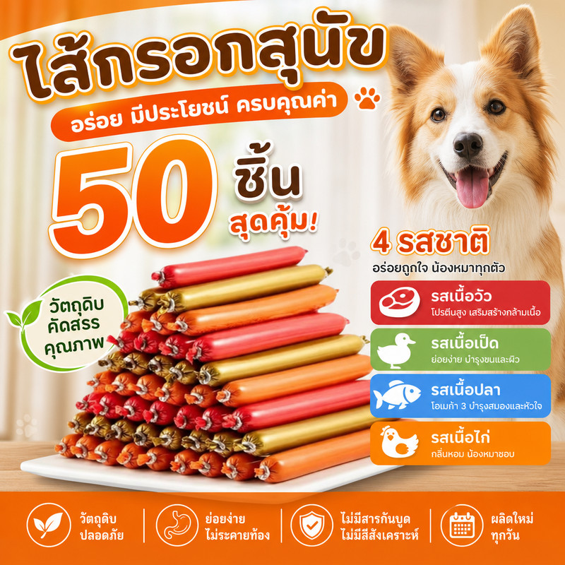 ไส้กรอกแฮมสุนัขอาหารหมา ไส้กรอกสุนัขแมวไส้กรอกสั（50แท่ง） อาหารแมว ขนมแมว เป็ด ไก่ ปลา