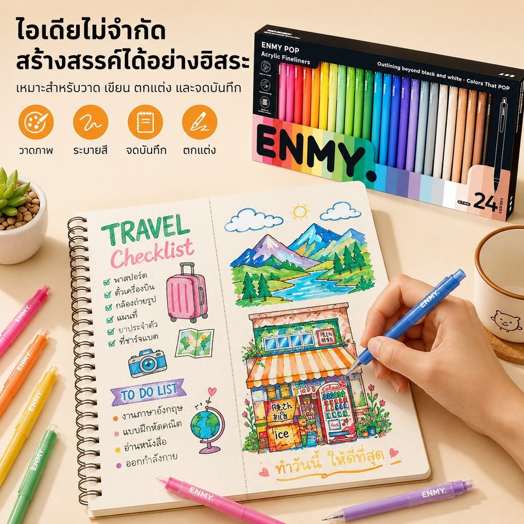 ENMY ปากกาหัวไฟน์ไลน์ 48 สี แบบกดเก็บได้ สีอะคริลิค สำหรับวาดเส้น ตกแต่งสมุด