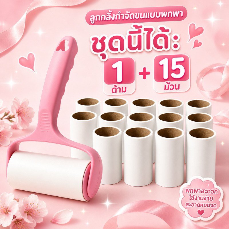 [1ด้ามจับ +15 ม้วน]ลูกกลิ้งกำจัดขน ลูกกลิ้งกำจัดขนสัตว์เลี้ยง เก็บขนและฝุ่น ที่ทำความสะอาดขนแมว หมา