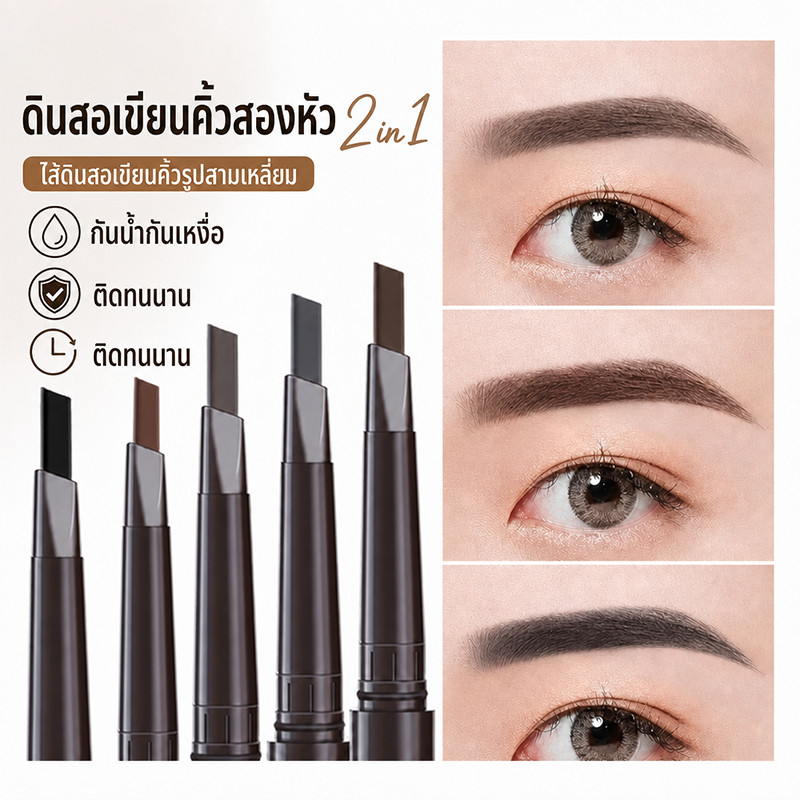 ดินสอเขียนคิ้วหมุน 2 in 1 กันน้ำ มีแปรงในตัว ติดทนนาน กันเหงื่อ มี 4 สีให้เลือก‌