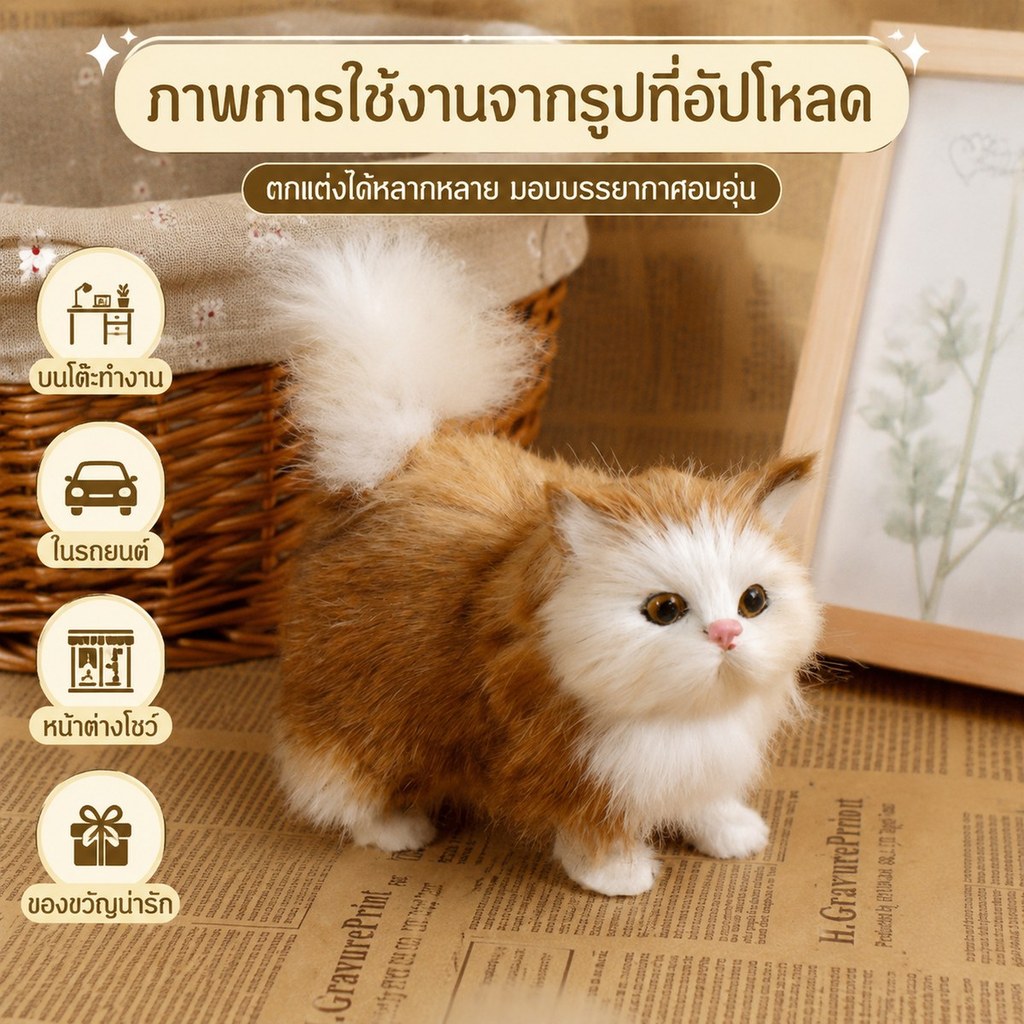 ตุ๊กตาแมวจำลองเหมือนจริง ขนฟูหางตั้ง แมวน่ารักตั้งโต๊ะ ของแต่งห้อง ของสะสม พร็อพถ่ายรูป ของขวัญ