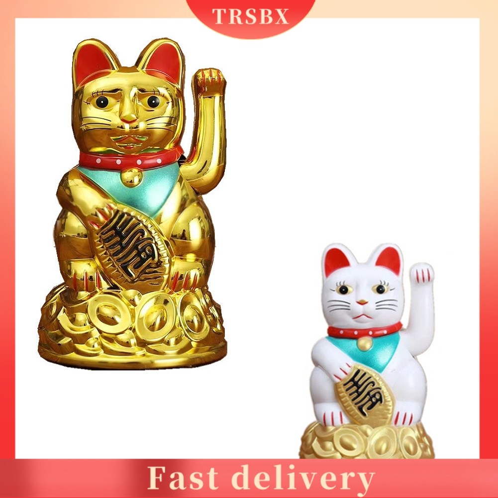 [TRSBX]จีน Lucky Waving Cat Beckoning Maneki Neko Gold Fortune Feng Shui 6.5" นิ้ว