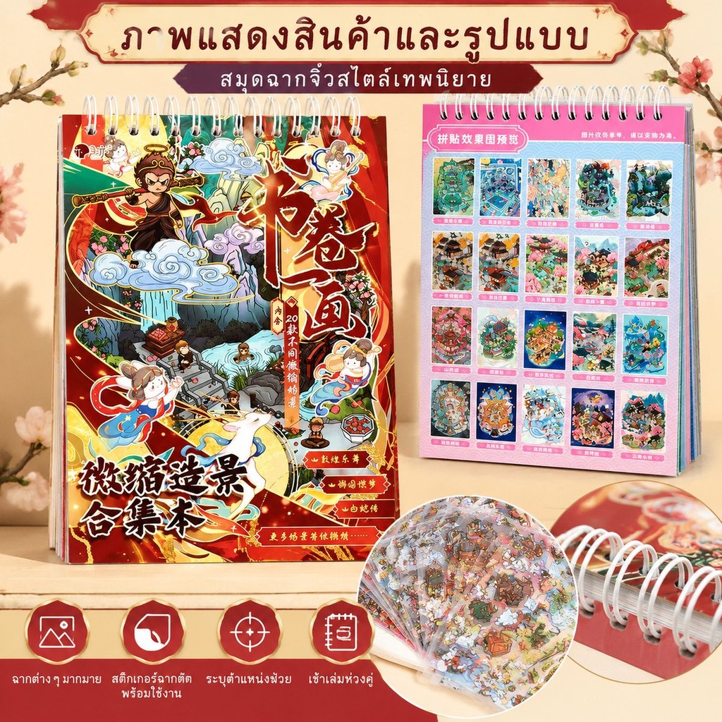ขายดี สมุดสติ๊กเกอร์จัดฉากแฟนตาซีจีน 20 แบบ สติ๊กเกอร์ PET เหนียวทน ลอกง่าย สีคมชัด เหมาะงานสร้างสรรค์