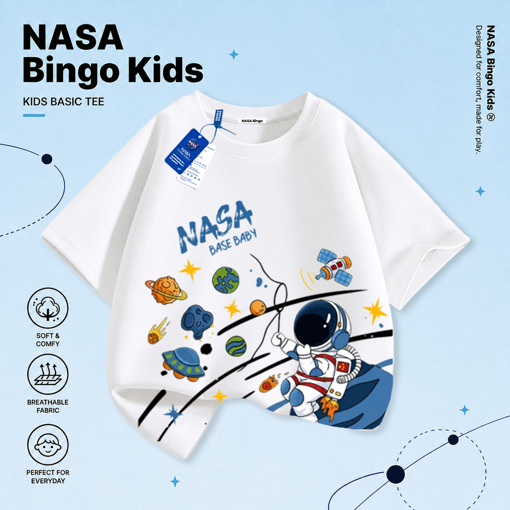 【พร้อมส่ง】NASA เสื้อยืดเด็ก สีขาว แขนสั้น ลายนักบินอวกาศ ผ้านุ่ม ใส่สบาย ระบายอากาศดี