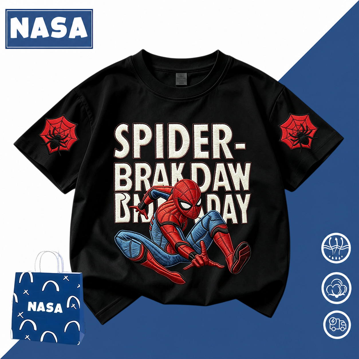 【ส่งจากกรุงเทพ】NASA เสื้อคอกลมแขนสั้นเด็ก ลายการ์ตูนสไปเดอร์แมน เสื้อยืดเด็กผู้ชาย ผ้านุ่มใสสบายฯ