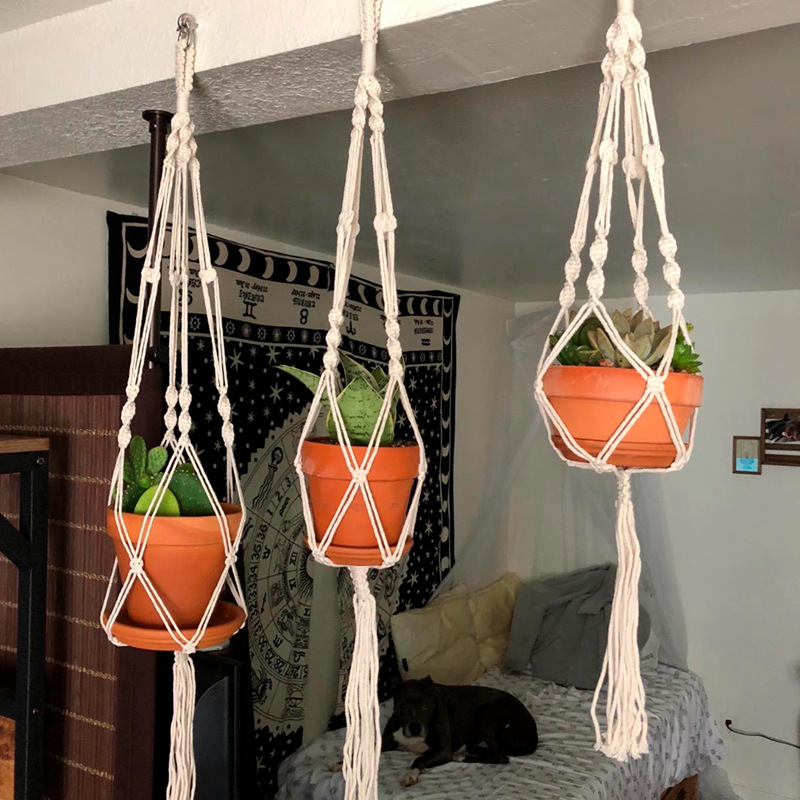 Macrame Handmade พืชแขวนตะกร้าดอกไม้หม้อผู้ถือระเบียงแขวนตกแต่งกระถางดอกไม้สุทธิกระเป๋าบ้านสวนอุปกรณ์