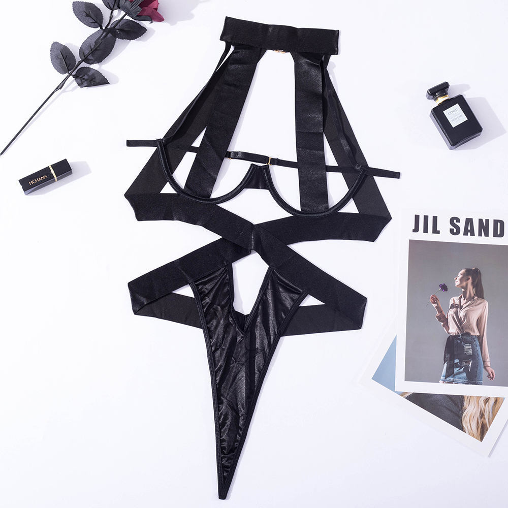 สีดํา Laced-Up Halterneck แฟชั่นเซ็กซี่สุภาพสตรีชุดชั้นใน Jumpsuit