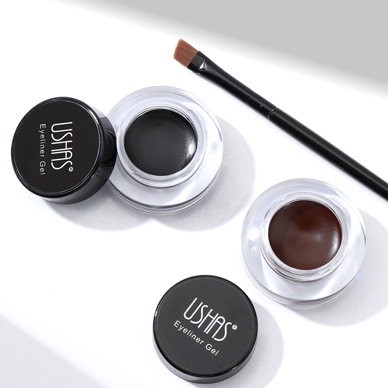 Ushas ชุดอายไลเนอร์เจลสีดําและสีน้ําตาล 2 in 1, คิ้วติดทนนาน 24 ชั่วโมง, อายไลเนอร์ป้องกันรอยเปื้อนกันน้ําสีสูง