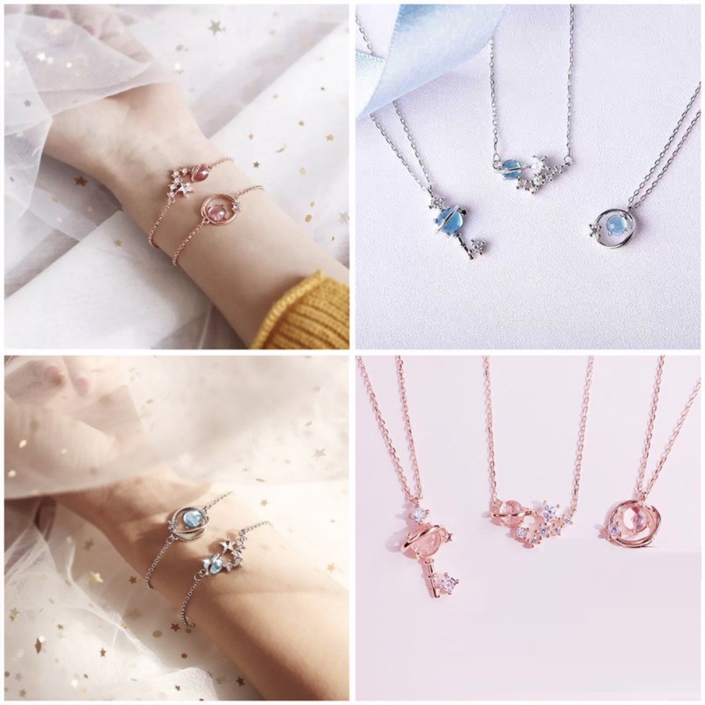 ชุดสร้อยคอ สร้อยข้อมือ จี้คริสตัล รูปดาวเคราะห์ สีชมพู เหมาะกับเป็นของขวัญ สําหรับผู้หญิง