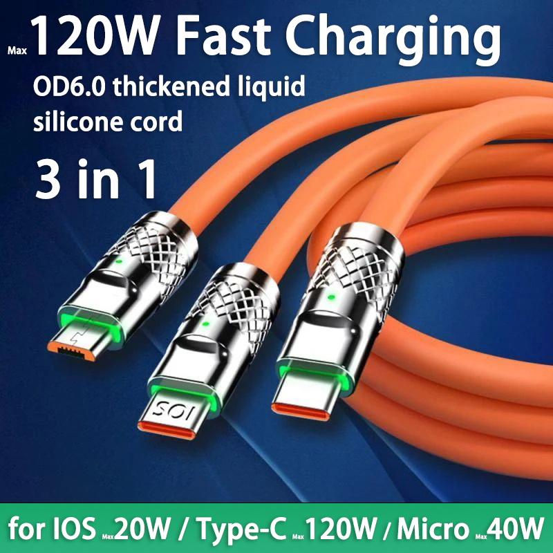 3 in 1 สายชาร์จ สายข้อมูล C-Type 120w 6A ชาร์จเร็ว