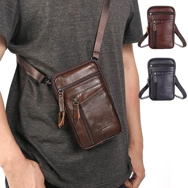 กระเป๋าสะพายไหล่ผู้ชาย Multi-Function Leather MINI Messenger Pack เคสโทรศัพท์ Crossbody กระเป๋าคาดหน้าอกขนาดเล็ก