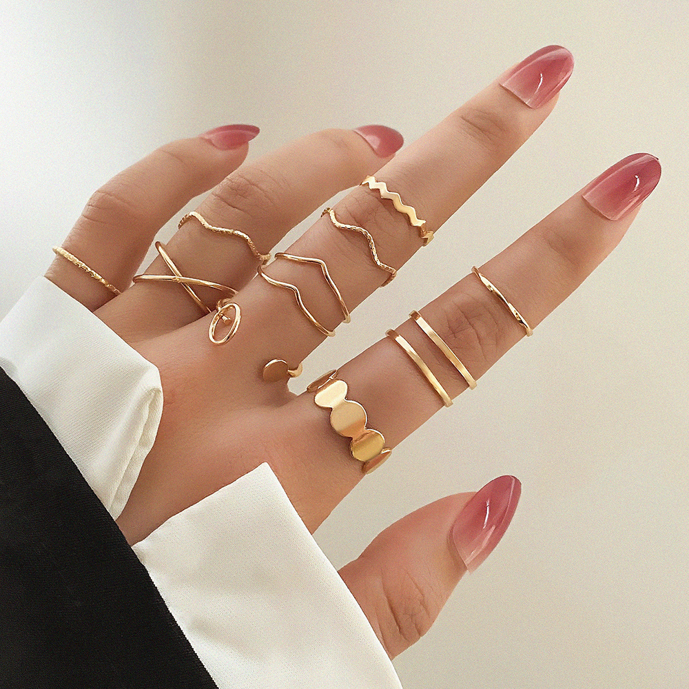 10 ชิ้นแฟชั่น Minimalist Water Wave Cross แหวนชุด Elegant ปรับแหวนวางซ้อนกันได้