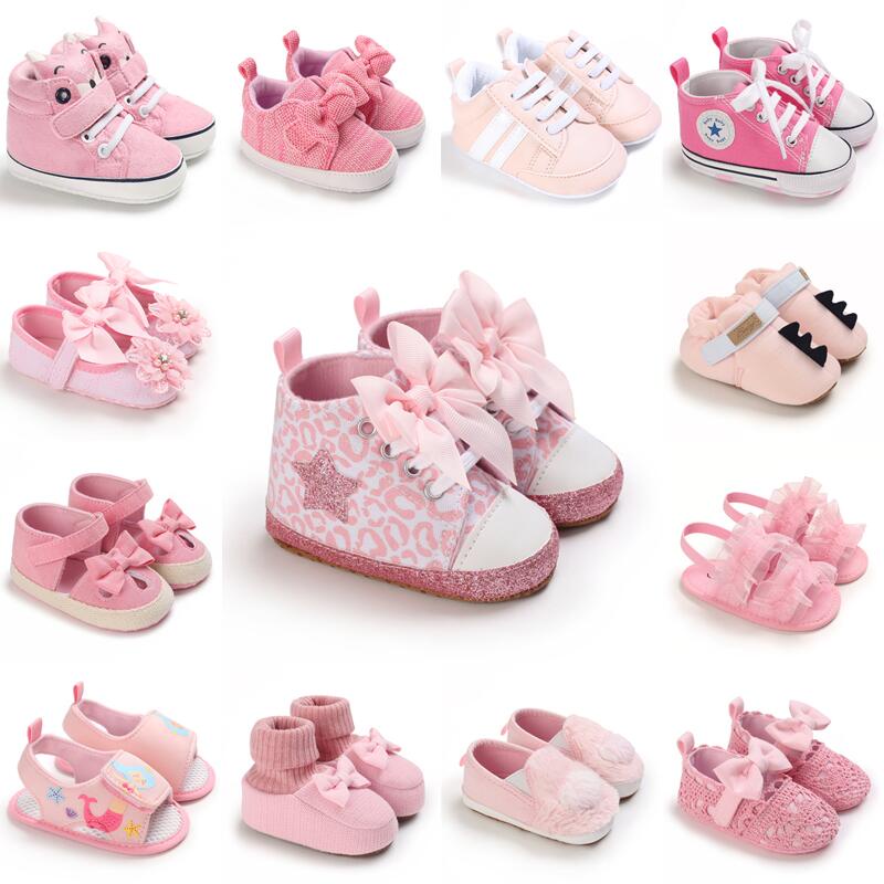 รองเท้าเด็กสีชมพู Binyag สาวเจ้าหญิงเด็กวัยหัดเดินแฟชั่น Christening รองเท้าแตะ 0-18M