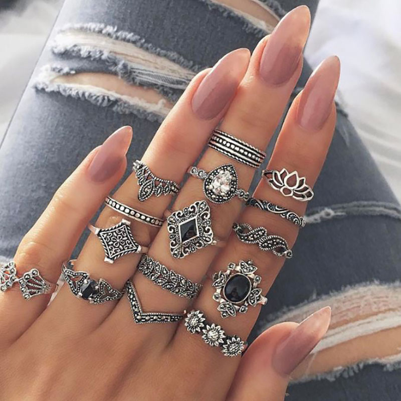 15PCS Knuckle แหวนชุด Vintage Hollow Drop Lotus เพชรหยดน้ํามัน Boho ซ้อนเครื่องประดับสําหรับผู้หญิง