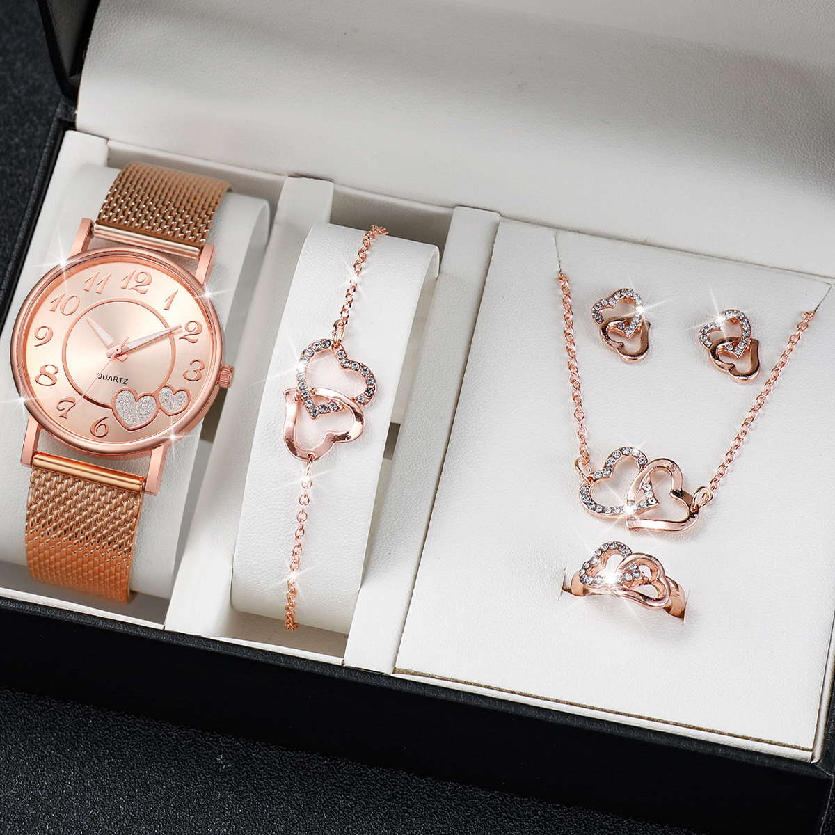 6ชิ้น/เซ็ตสุภาพสตรีแฟชั่นรักสายพลาสติกนาฬิกาควอตซ์+เพชรหัวใจเครื่องประดับชุด (ไม่มีกล่อง)