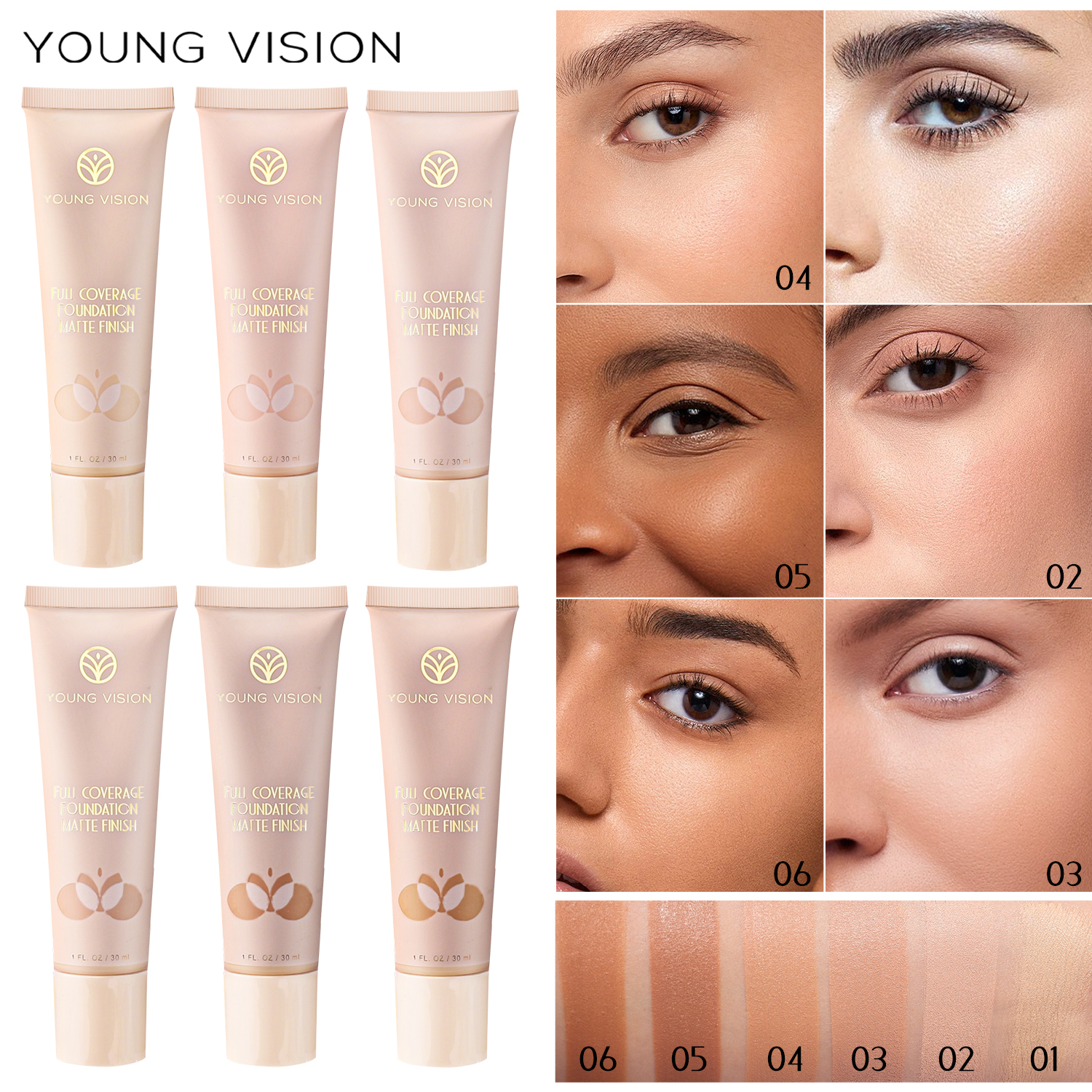 ชุดฟoundation 6 สี YOUNG VISION: ปกปิดไม่เห็น, แก้สีผิว, ปกปิดรอย, แมตต์และให้ความชุ่มชื้น