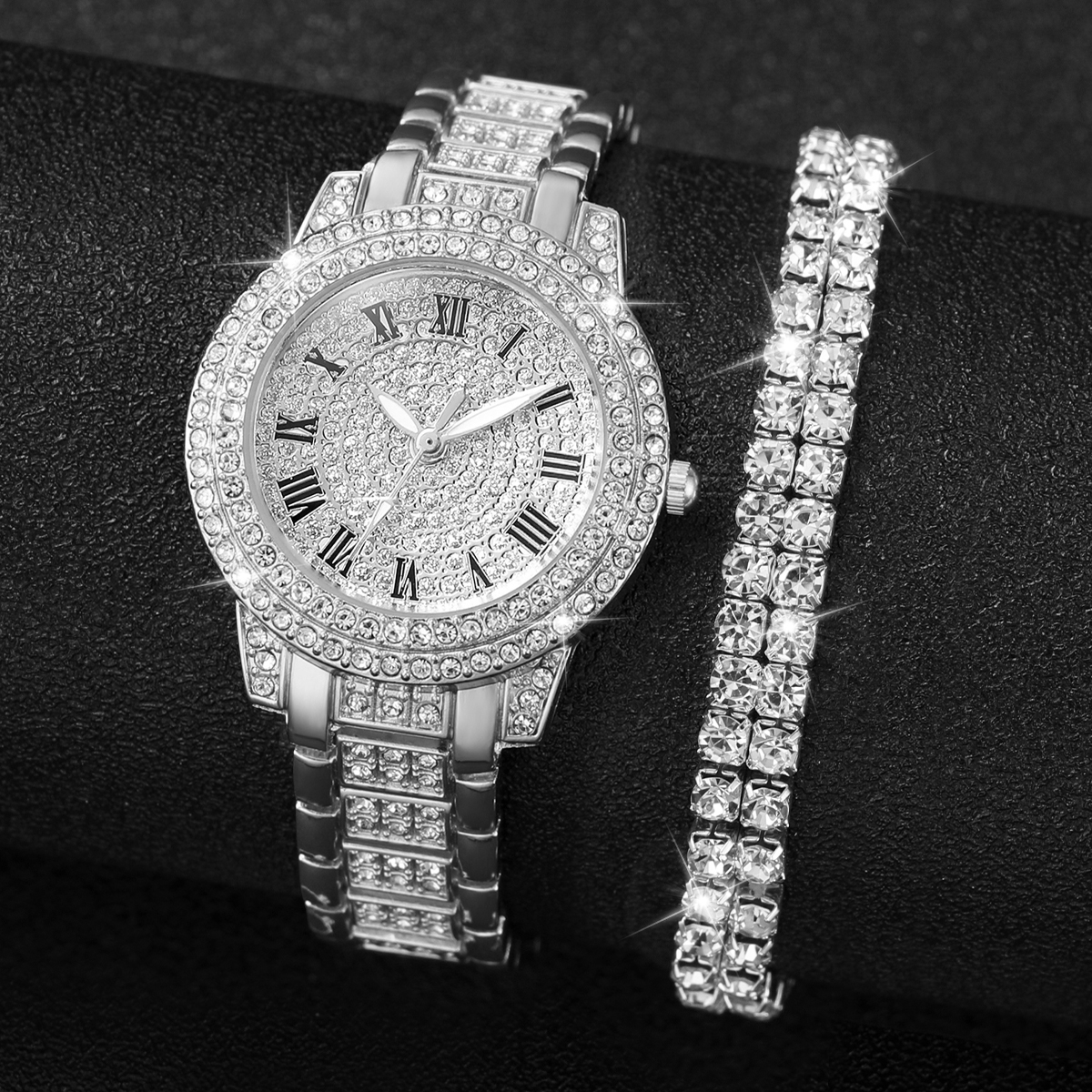 2 ชิ้น/เซ็ตแฟชั่น Gypsophila Ladies Diamond-Studded Steel Band Quartz Watch + Diamond-Studded Bracelet Set (ไม่มีกล่อง)