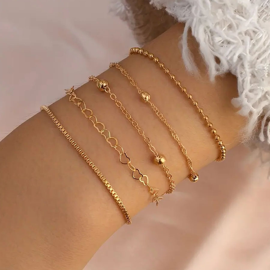 สร้อยข้อมือ สายโซ่ ประดับลูกปัด สไตล์ฮิปฮอป เรียบง่าย ไม่ซ้ําใคร แฟชั่นยุโรป และอเมริกา สําหรับผู้หญิง 5 ชิ้น