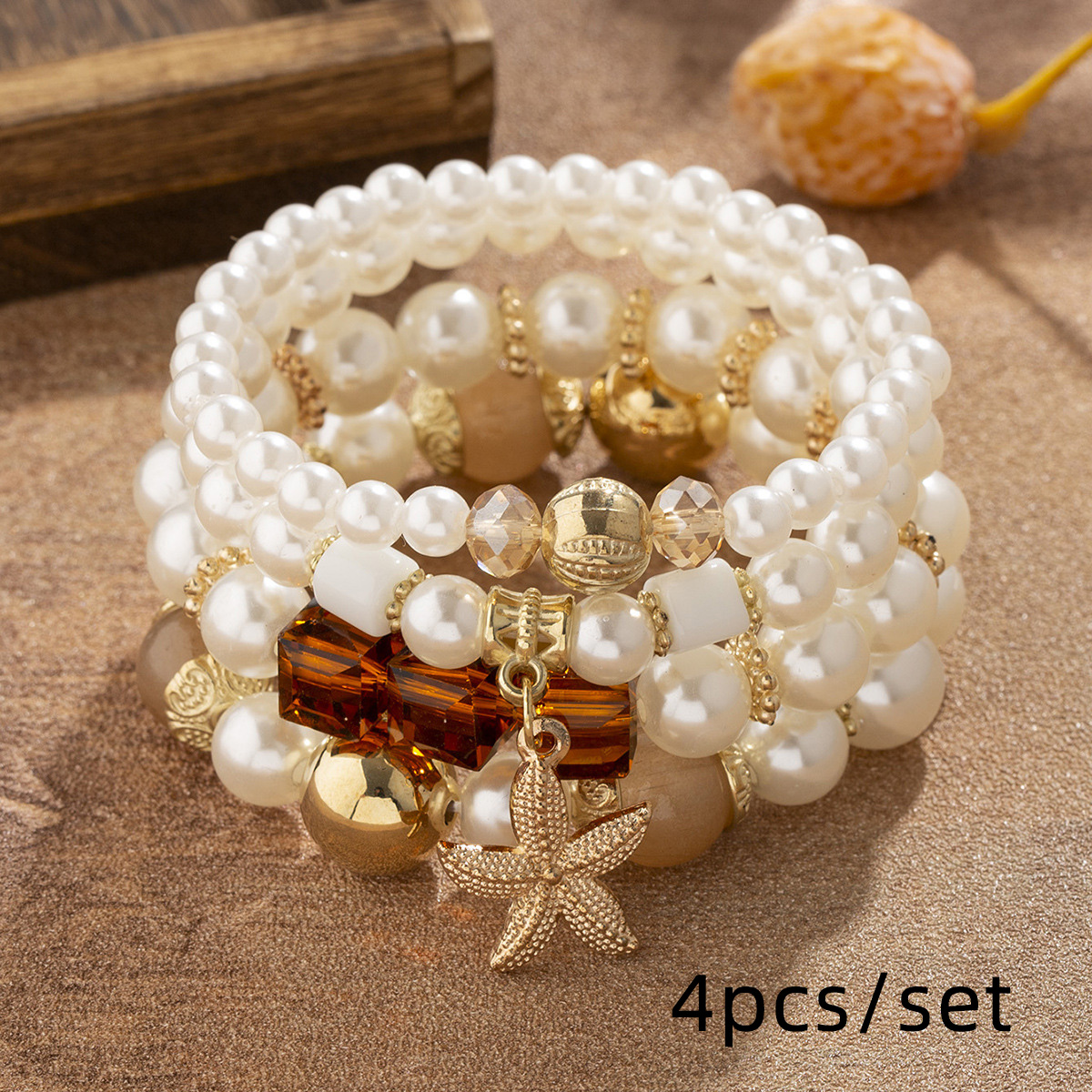 4 ชิ้น / เซต สไตล์ใหม่ โบฮีเมียน สร้อยข้อมือ ผู้หญิง สร้างสรรค์ เครื่องประดับ ปลาดาว มุก หลายชั้น ลูกปัด เครื่องประดับ