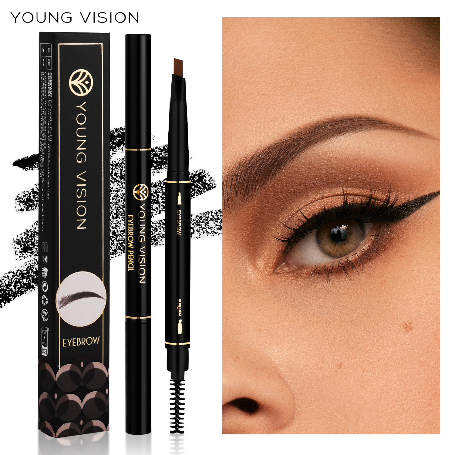 Young VISION ดินสอเขียนคิ้วสามเหลี่ยมหมุนได้อัตโนมัติสองหัวไม่เลอะง่ายดินสอเขียนคิ้วสองหัว