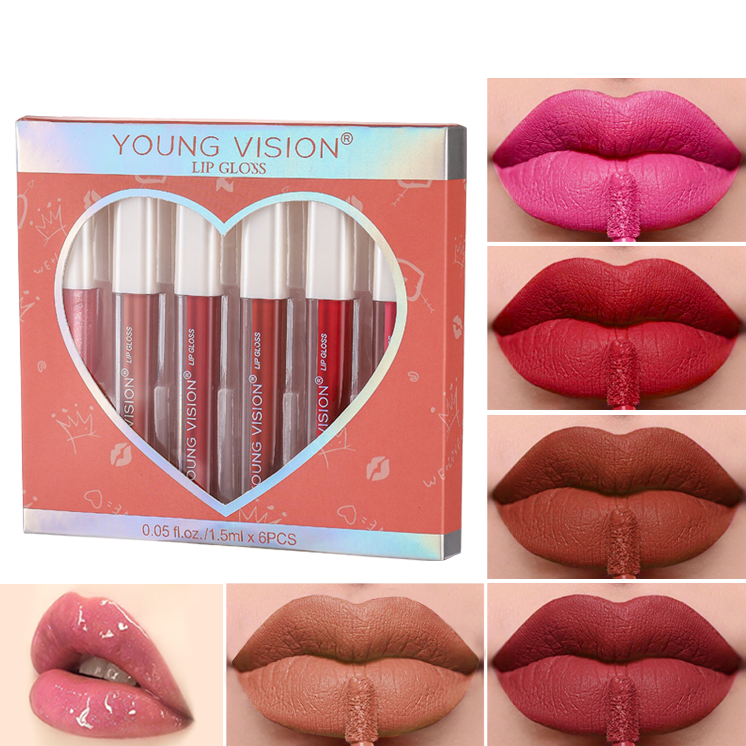 ชุดลิปกลอส 6 สี ไม่ติดแก้ว 1 ชิ้น ลิปกลอส เนื้อแมตต์ 5 ชิ้น