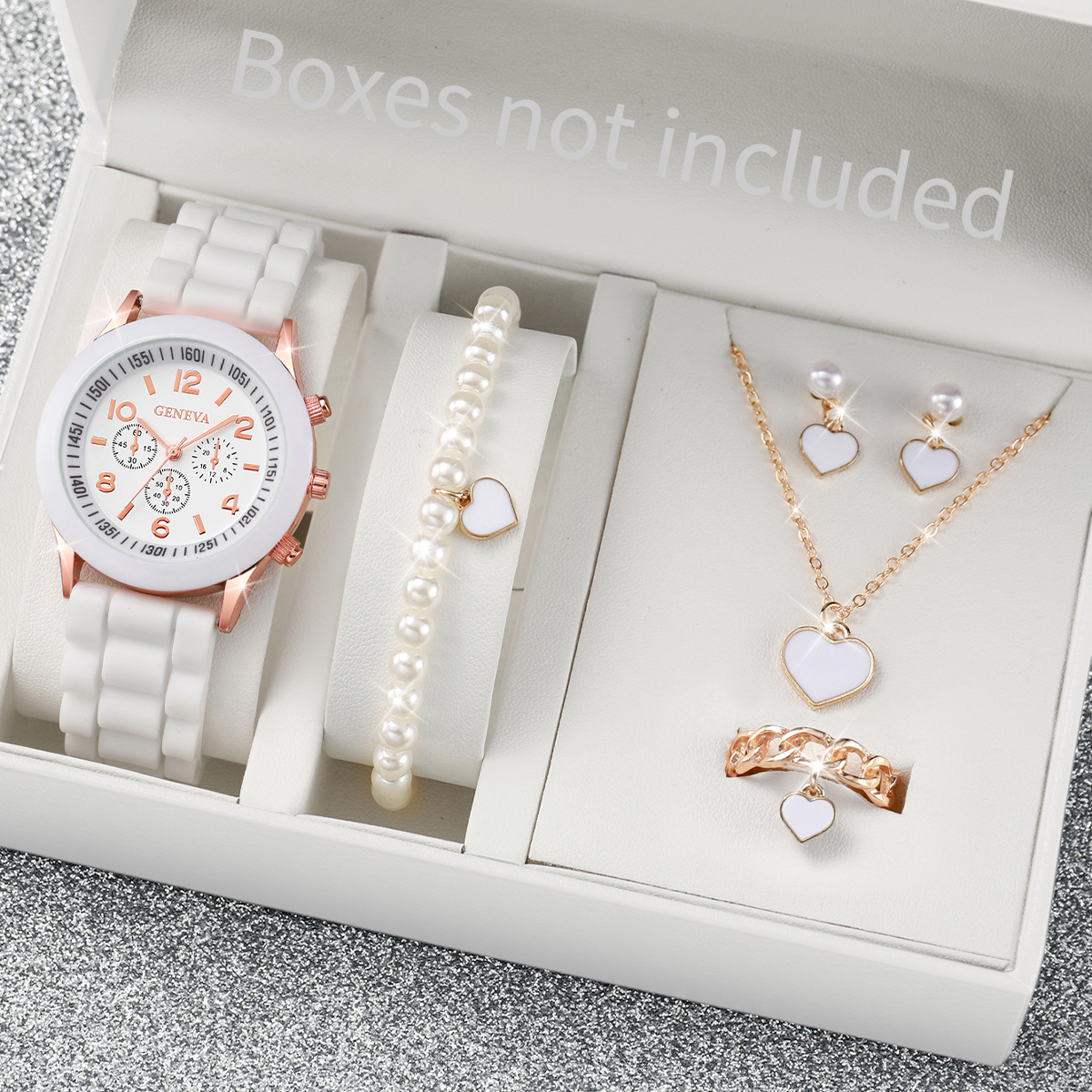 นาฬิกาสุภาพสตรี Casual เทปซิลิโคนนาฬิกาข้อมือควอตซ์ + Pearl Love Jewelry Set (ไม่มีกล่อง)