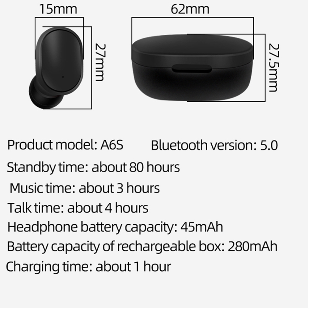 A6s TWS ชุดหูฟังไมโครโฟนไร้สาย บลูทูธ 5.0 ตัดเสียงรบกวน เข้ากันได้กับ Android IOS