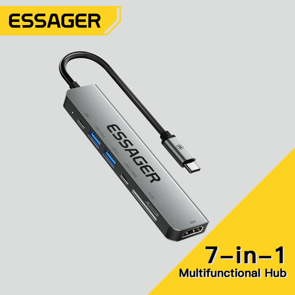 Essager ประเภท C HUB ถึง HDMI USB3.0 อะแดปเตอร์ 7 ใน 1 RJ45 เครื่องอ่านการ์ด SD PD 100W สําหรับ MacBook Splitter