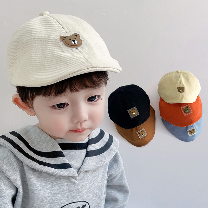 หมวกลิ้นเป็ดเด็กหมีน้อยน่ารักวินเทจสีทึบหมวกลําลองเด็กผู้ชาย