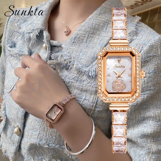 Sunkta นาฬิกาข้อมือควอทซ์ แซฟไฟร์ หรูหรา กันน้ํา พร้อมกล่อง สําหรับผู้หญิง