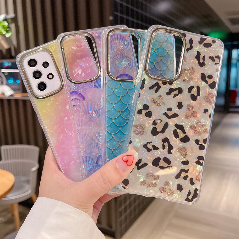 Conch Mermaid Scales รูปแบบเสือดาวสําหรับ Samsung Galaxy S24 S23 S22 Ultra S24 Plus S23 S24 FE Hard PC + TPU ฝาครอบ