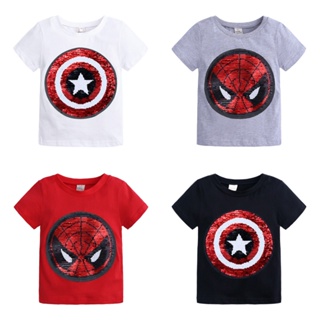 Summer T-Shirt Boys Superhero Sequin Reversible Tops Tees Kids Spiderman Face-changing Captain America T Shirt Children Clothes