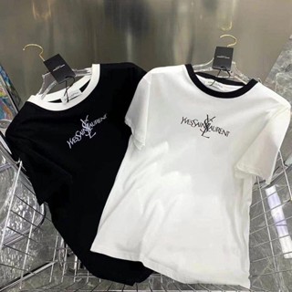 เสื้อยืดแขนสั้น ผ้าฝ้าย พิมพ์ลายตัวอักษร Yves Saint Laurent ทรงหลวม ขนาดใหญ่ สําหรับผู้ชายและผู้หญิง