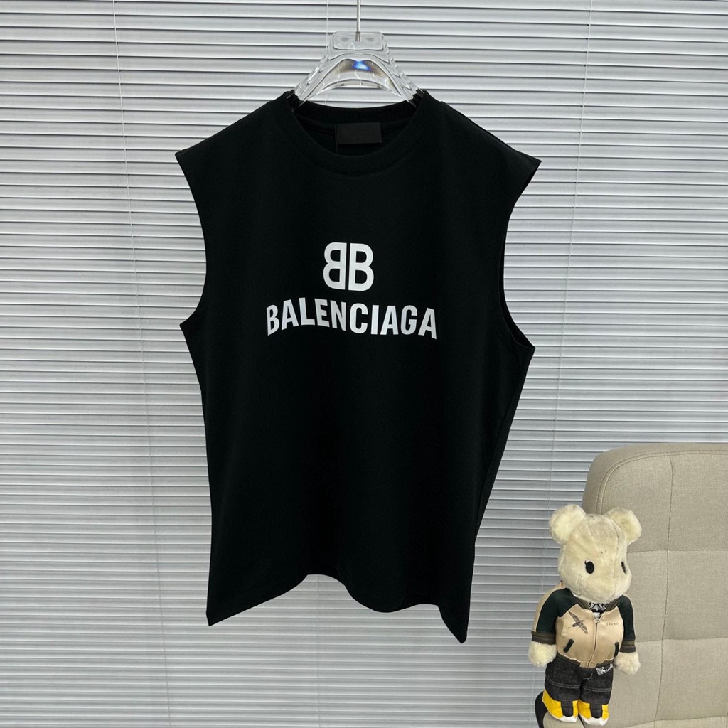 Balenciaga Paris designer 23 Amoi double B พิมพ์เสื้อกั๊กกีฬาฟิตเนสเสื้อกั๊กผู้ชายเสื้อยืดแขนกุดหลวม