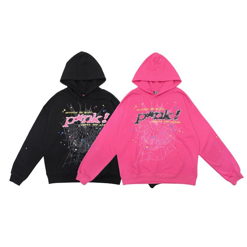 เสื้อกันหนาวลําลอง มีฮู้ด ผ้าฝ้ายแท้ พิมพ์ลาย Sp5der แมงมุม สีชมพู