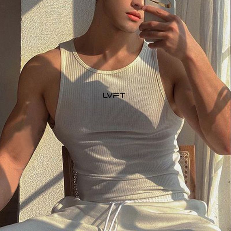Lvft速干身弹身力白色蓝背心运动跑步男士新款衣服 宽松短袖外套装 แห้งเร็วแน่นยืดหยุ่นสีขาวแขนกุดเสื้อกล้ามด้านบนกีฬา