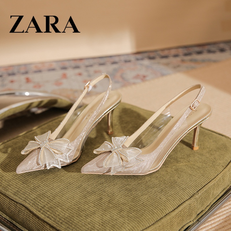 Zara [หนังแกะ] รองเท้าส้นสูง ประดับโบว์ พลอยเทียม สําหรับผู้หญิง