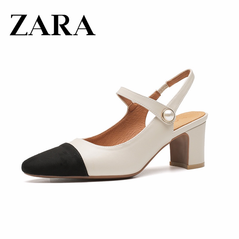 Zara ใหม่ รองเท้าหนังแกะ ส้นหนา สไตล์เกาหลี ฝรั่งเศส อ่อนโยน สไตล์ Chanel Baotou สีจับคู่ รองเท้าแตะ หนังแท้ ผู้หญิง