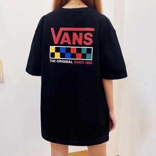 VANS เสื้อยืดแขนสั้น คอกลม พิมพ์ลายหมากรุก ทรงหลวม แฟชั่นฤดูร้อน สําหรับผู้ชาย และผู้หญิง