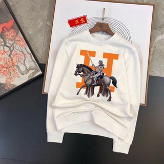 HERMES เสื้อกันหนาวแขนยาว คอกลม พิมพ์ลายม้า แฟชั่นฤดูใบไม้ร่วง และฤดูหนาว สําหรับผู้ชาย