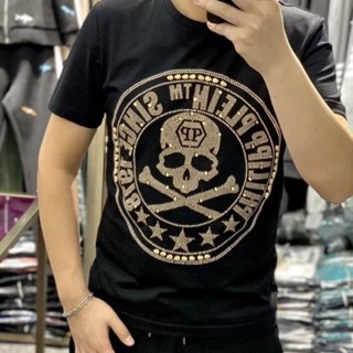 Philipp PLEIN 2023 ใหม่ เสื้อแขนสั้น พิมพ์ลายหัวกะโหลก สามมิติ สไตล์ยุโรป และอเมริกา แฟชั่นฤดูร้อน สําหรับผู้ชาย