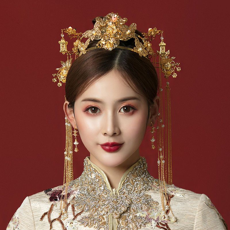 สไตล์จีน Hanfu เจ้าสาว Headdress ชุดมังกร Phoenix ชุดสไตล์โบราณอุปกรณ์เสริมผมงานแต่งงานสีแดงเครื่องแต่งกายโบราณ Xiuhe เสื้อผ้า Phoenix Crown