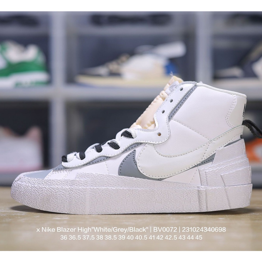 Sacai x Nike Blazer High "White/Grey/Black" รองเท้าผ้าใบลําลอง ข้อสูง สีขาว สีเทา สีดํา